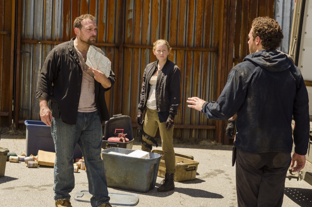 Ross Marquand as Aaron, Lindsley Register as Laura, Martinez as David - The Walking Dead _ Season 7, Episode 8 - Photo Credit: Gene Page/AMC