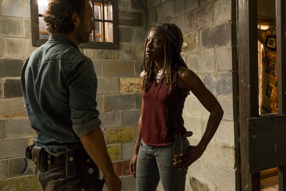 Andrew Lincoln as Rick Grimes, Danai Gurira as Michonne - The Walking Dead _ Season 7, Episode 8 - Photo Credit: Gene Page/AMC