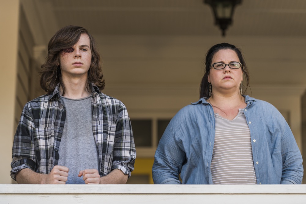 Chandler Riggs as Carl Grimes, Ann Mahoney as Olivia - The Walking Dead _ Season 7, Episode 8 - Photo Credit: Gene Page/AMC