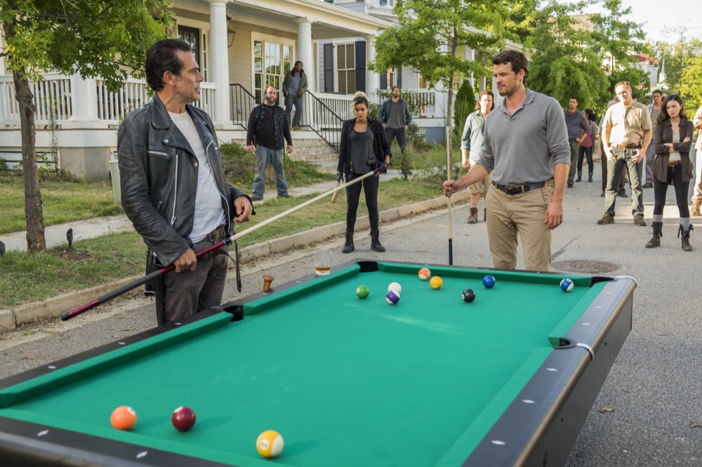 Jeffrey Dean Morgan as Negan, Austin Nichols as Spencer Monroe, Christian Serratos as Rosita Espinosa, Elizabeth Ludlow as Arat - The Walking Dead _ Season 7, Episode 8 - Photo Credit: Gene Page/AMC