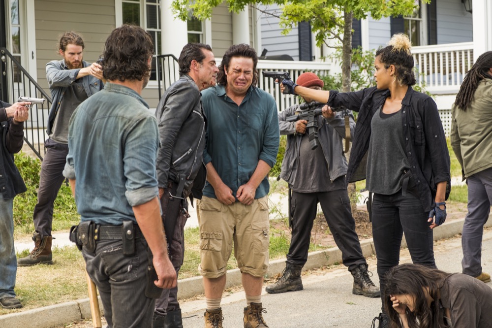 Andrew Lincoln as Rick Grimes, Jeffrey Dean Morgan as Negan, Josh McDermitt as Dr. Eugene Porter, Christian Serratos as Rosita Espinosa, Elizabeth Ludlow as Arat - The Walking Dead _ Season 7, Episode 8 - Photo Credit: Gene Page/AMC