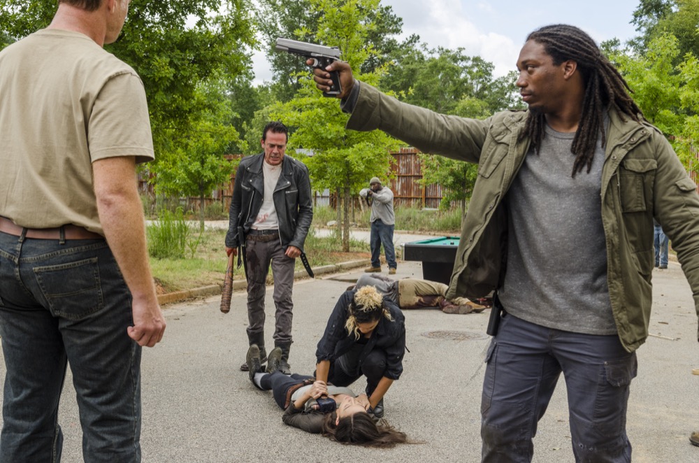 Jeffrey Dean Morgan as Negan, Christian Serratos as Rosita Espinosa; group - The Walking Dead _ Season 7, Episode 8 - Photo Credit: Gene Page/AMC