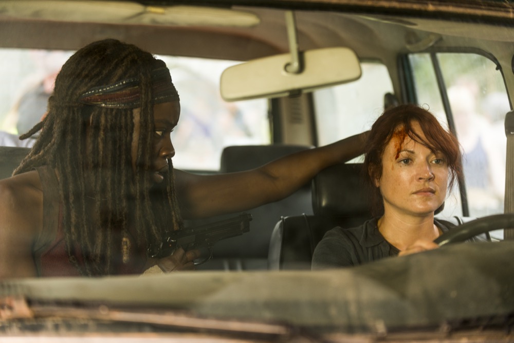 Danai Gurira as Michonne, Aerli Austin as Isabelle - The Walking Dead _ Season 7, Episode 8 - Photo Credit: Gene Page/AMC