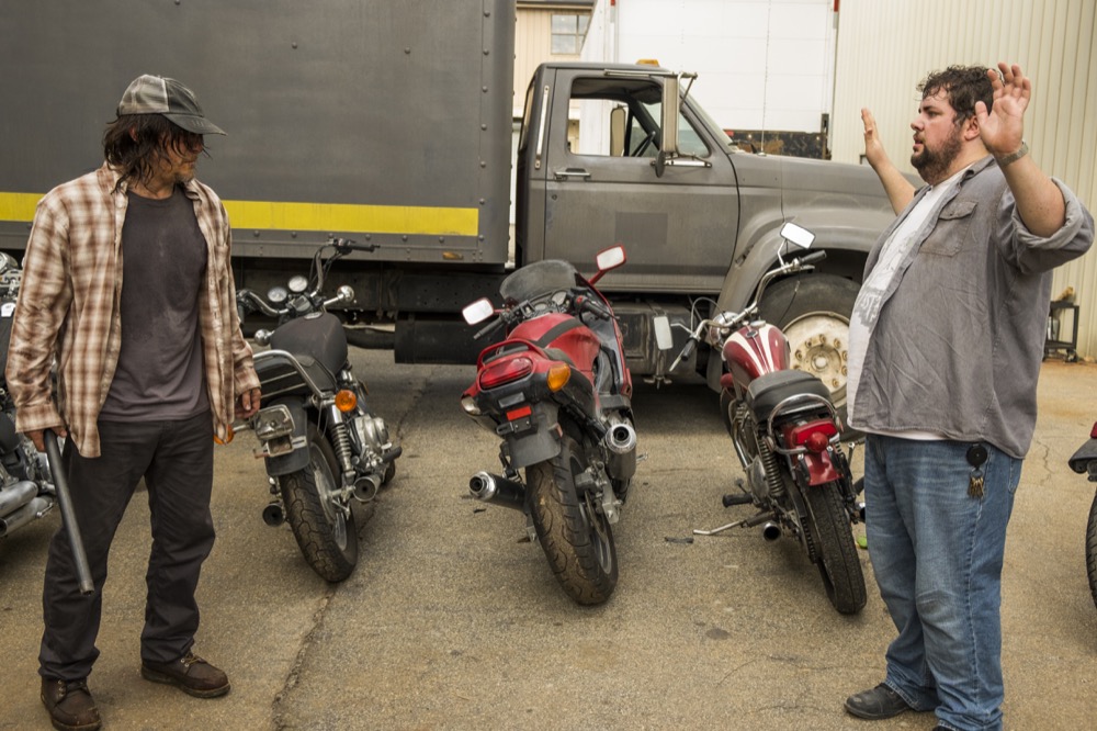 Norman Reedus as Daryl Dixon, Joshua Hoover as Fat Joey - The Walking Dead _ Season 7, Episode 8 - Photo Credit: Gene Page/AMC