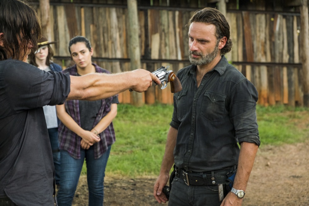 Norman Reedus as Daryl Dixon, Alanna Masterson as Tara Chambler, Chandler Riggs as Carl Grimes, Andrew Lincoln as Rick Grimes - The Walking Dead _ Season 7, Episode 8 - Photo Credit: Gene Page/AMC