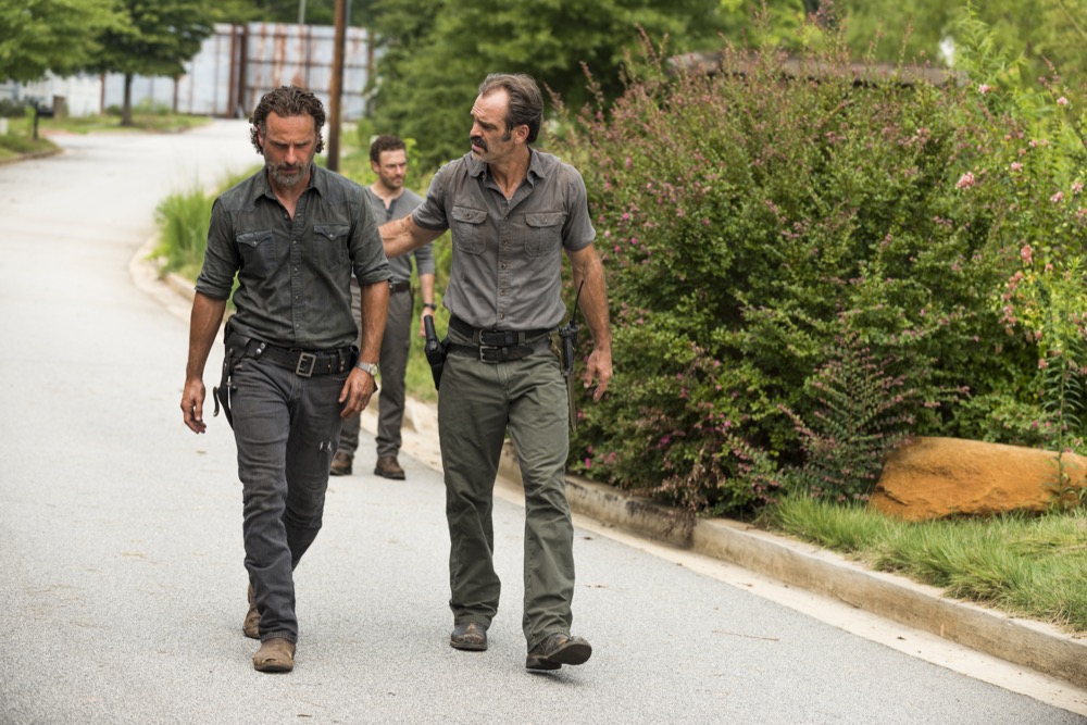 Andrew Lincoln as Rick Grimes, Ross Marquand as Aaron, Steven Ogg as Simon - The Walking Dead _ Season 7, Episode 9 - Photo Credit: Gene Page/AMC