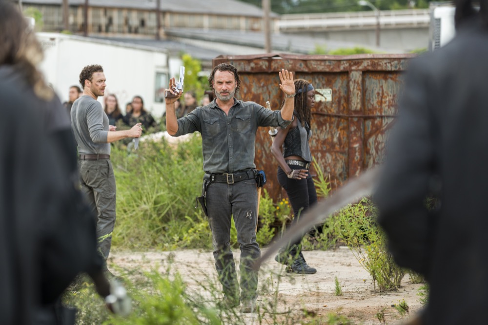 Andrew Lincoln as Rick Grimes, Danai Gurira as Michonne, Ross Marquand as Aaron - The Walking Dead _ Season 7, Episode 9 - Photo Credit: Gene Page/AMC