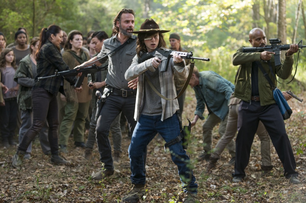 Andrew Lincoln as Rick Grimes, Chandler Riggs as Carl Grimes, Seth Gilliam as Father Gabriel Stokes - The Walking Dead _ Season 7, Episode 15 - Photo Credit: Gene Page/AMC