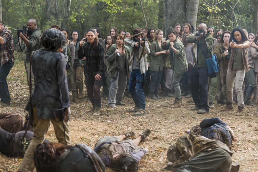 Andrew Lincoln as Rick Grimes, Chandler Riggs as Carl Grimes, Seth Gilliam as Father Gabriel Stokes, Nicle Barre as Kathy, Sydney Park as Cyndie, Kenric Green as Scott - The Walking Dead _ Season 7, Episode 15 - Photo Credit: Gene Page/AMC