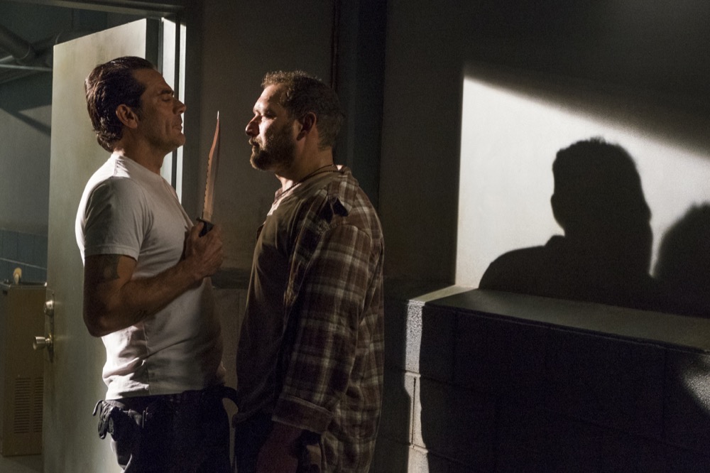 Jeffrey Dean Morgan as Negan, Joel Martinez as David - The Walking Dead _ Season 7, Episode 15 - Photo Credit: Gene Page/AMC