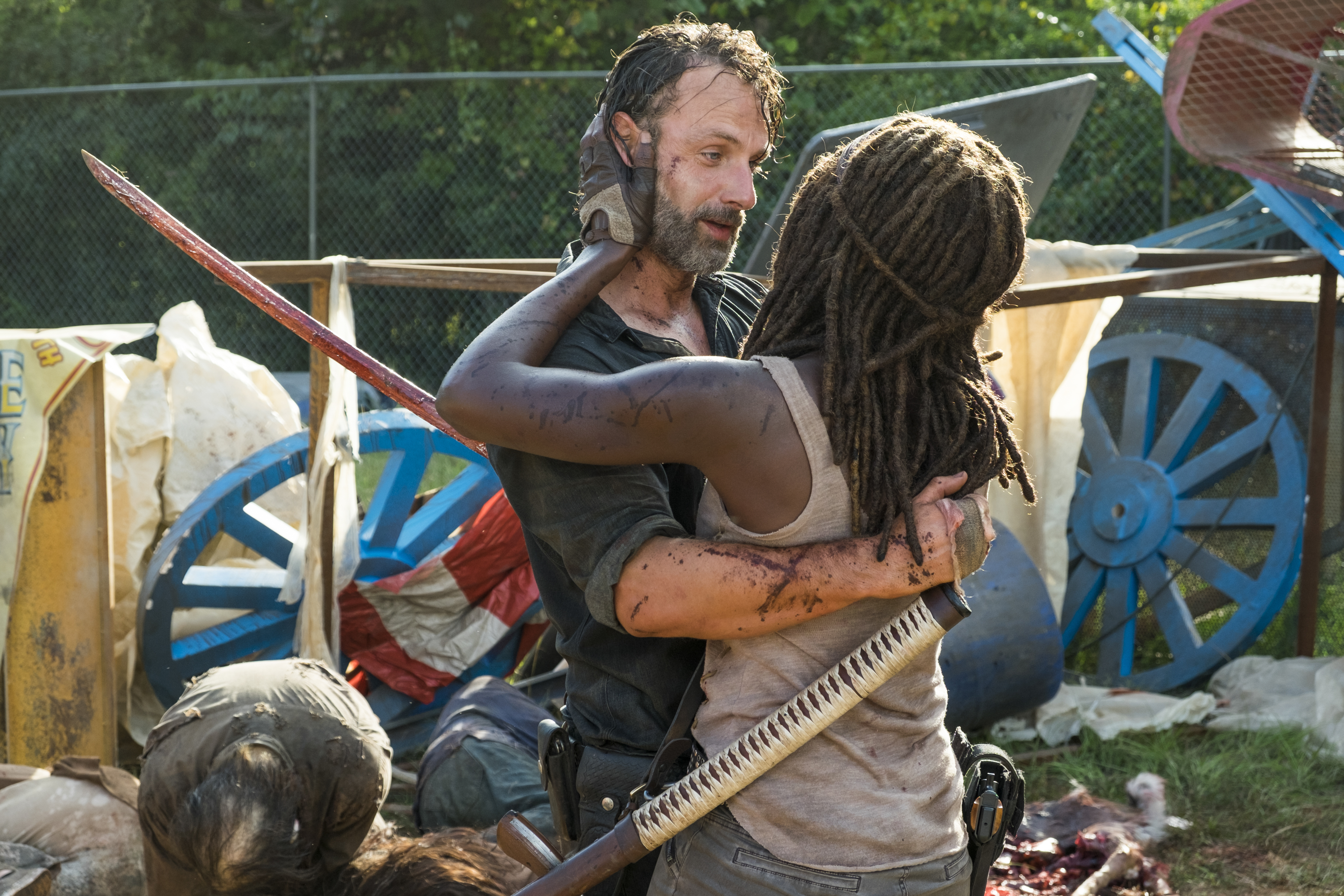Danai Gurira as Michonne, Andrew Lincoln as Rick Grimes - The Walking Dead _ Season 7, Episode 12 - Photo Credit: Gene Page/AMC