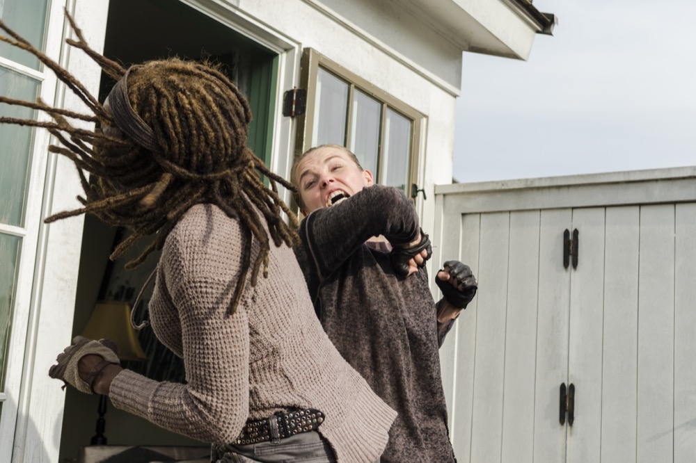 Danai Gurira as Michonne, Anja Akstin as Farron - The Walking Dead _ Season 7, Episode 16 - Photo Credit: Gene Page/AMC