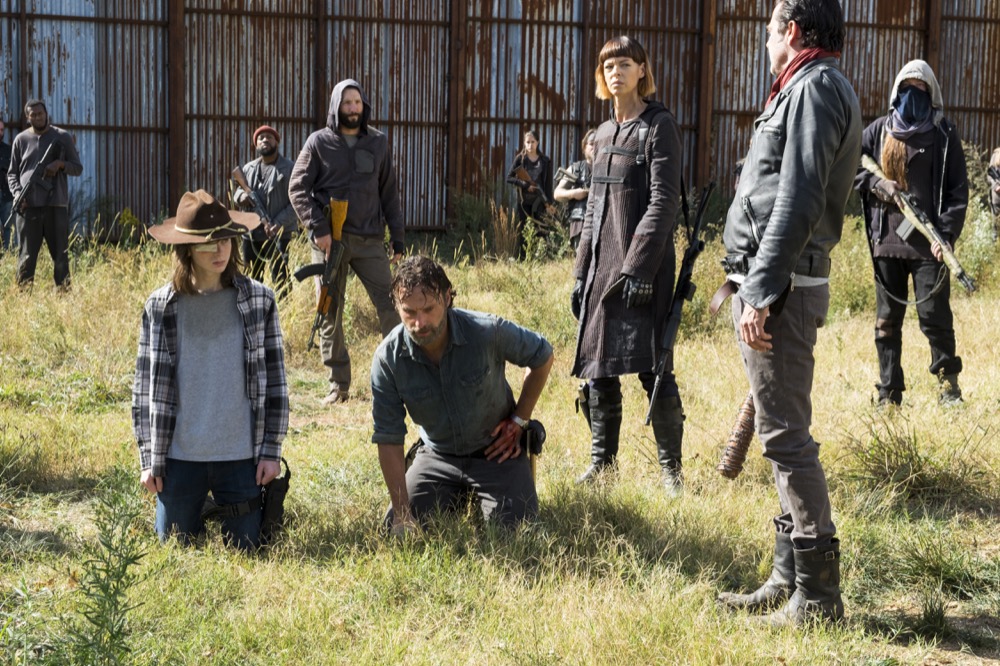 Chandler Riggs as Carl Grimes, Andrew Lincoln as Rick Grimes, Jeffrey Dean Morgan as Negan, Pollyanna McIntosh as Jadis - The Walking Dead _ Season 7, Episode 16 - Photo Credit: Gene Page/AMC