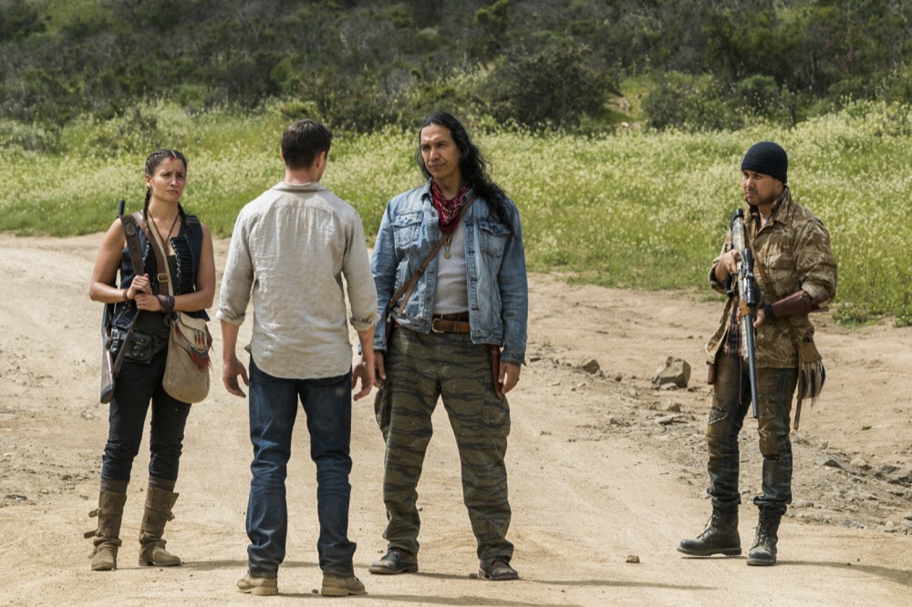 Mercedes Mason as Ofelia Salazar, Michael Greyeyes as Qaletaqa Walker, Justin Rain as Crazy Dog, Sam Underwood as Jake Otto - Fear the Walking Dead _ Season 3, Episode 8 - Photo Credit: Richard Foreman, Jr/AMC