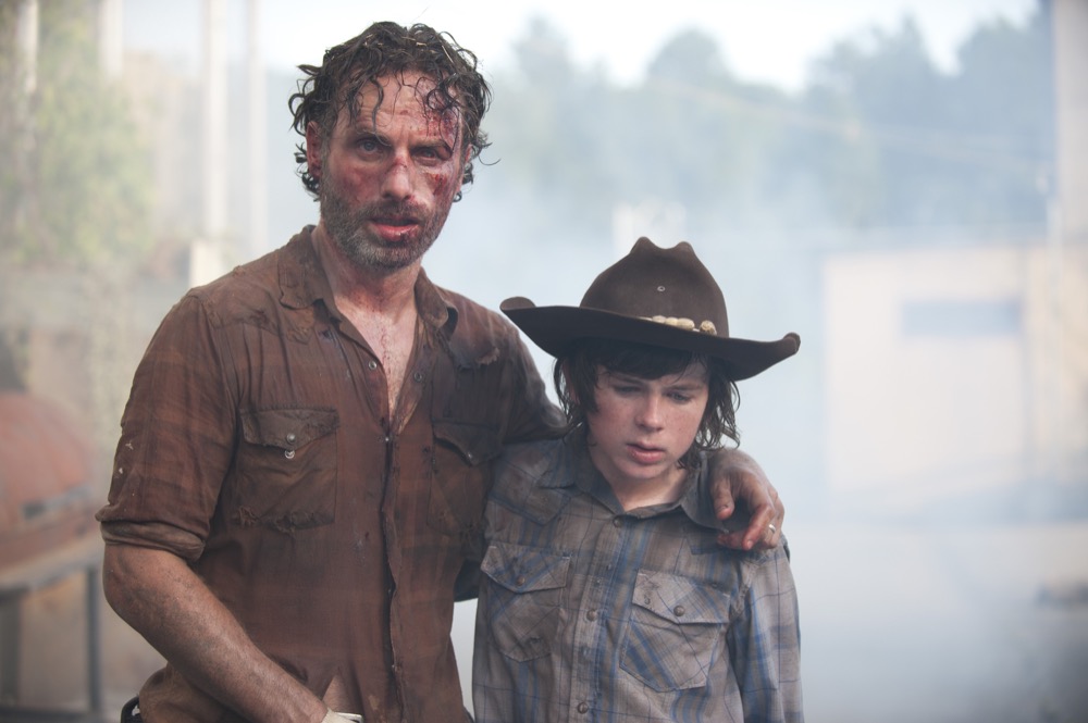 Rick Grimes (Andrew Lincoln) and Carl Grimes (Chandler Riggs) - The Walking Dead _ Season 4, Episode 8 - Photo Credit: Gene Page/AMC