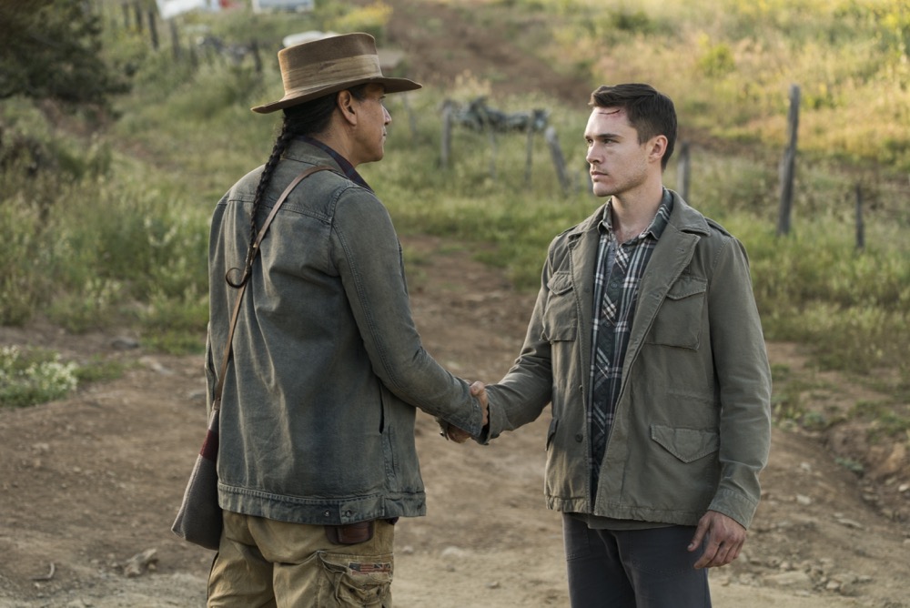 Sam Underwood as Jake Otto, Michael Greyeyes as Qaletaqa Walker - Fear the Walking Dead _ Season 3, Episode 9 - Photo Credit: Richard Foreman, Jr/AMC