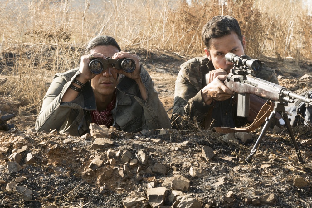 Justin Rain as Crazy Dog, Michael Greyeyes as Qaletaqa Walker - Fear the Walking Dead _ Season 3, Episode 16 - Photo Credit: Richard Foreman, Jr/AMC