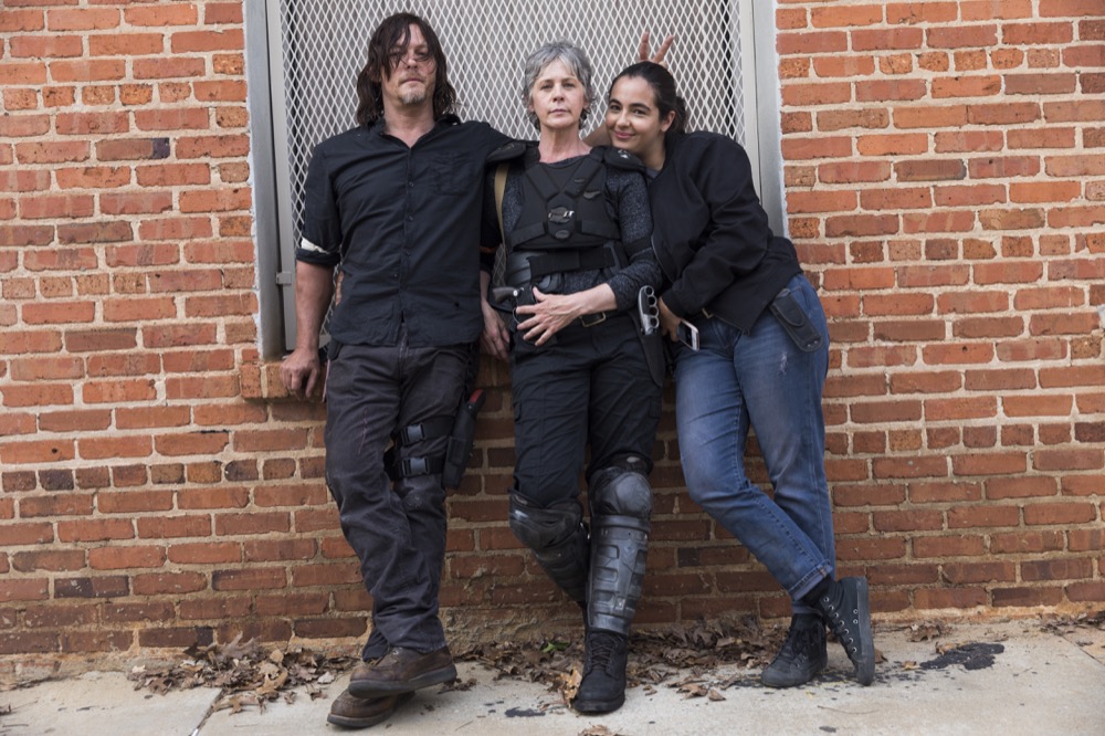 Norman Reedus as Daryl Dixon, Melissa McBride as Carol Peletier, Alanna Masterson as Tara Chambler - The Walking Dead _ Season 8, Episode 1 - Photo Credit: Jackson Lee Davis/AMC