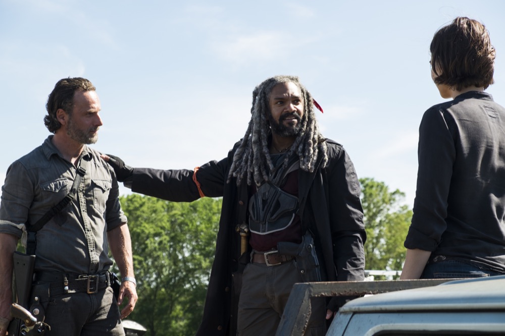 Andrew Lincoln as Rick Grimes, Khary Payton as Ezekiel, Lauren Cohan as Maggie Greene - The Walking Dead _ Season 8, Episode 1 - Photo Credit: Gene Page/AMC