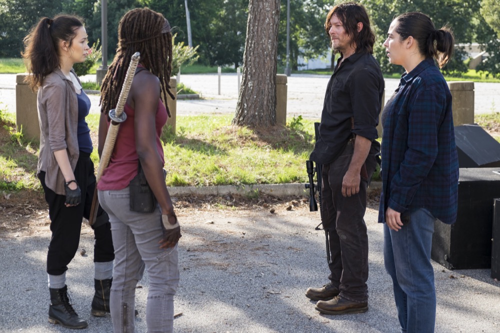 Norman Reedus as Daryl Dixon, Alanna Masterson as Tara Chambler, Christian Serratos as Rosita Espinosa, Danai Gurira as Michonne - The Walking Dead _ Season 8, Episode 6 - Photo Credit: Gene Page/AMC