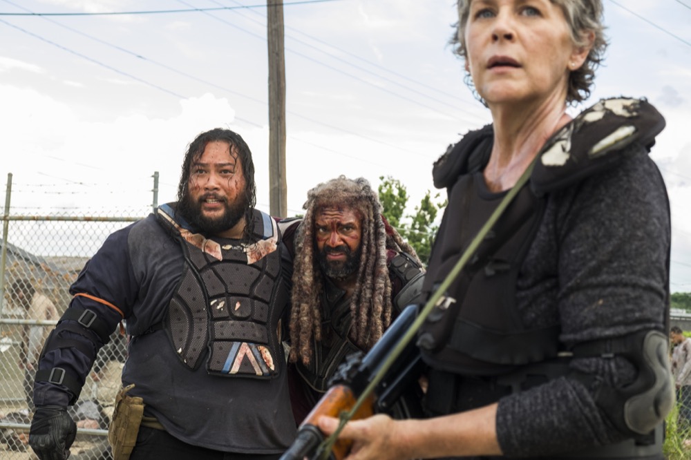 Khary Payton as Ezekiel, Melissa McBride as Carol Peletier, Cooper Andrews as Jerry - The Walking Dead _ Season 8, Episode 4 - Photo Credit: Gene Page/AMC