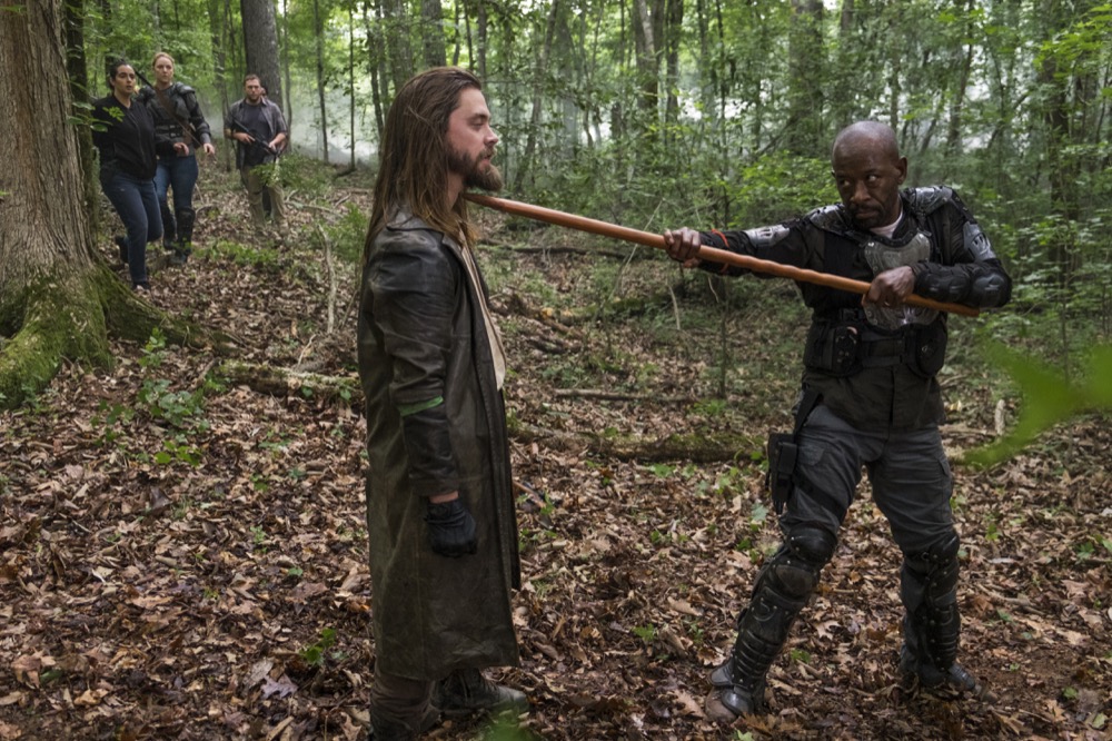 Alanna Masterson as Tara Chambler, Lennie James as Morgan Jones, Tom Payne as Paul 'Jesus' Rovia - The Walking Dead _ Season 8, Episode 3 - Photo Credit: Gene Page/AMC