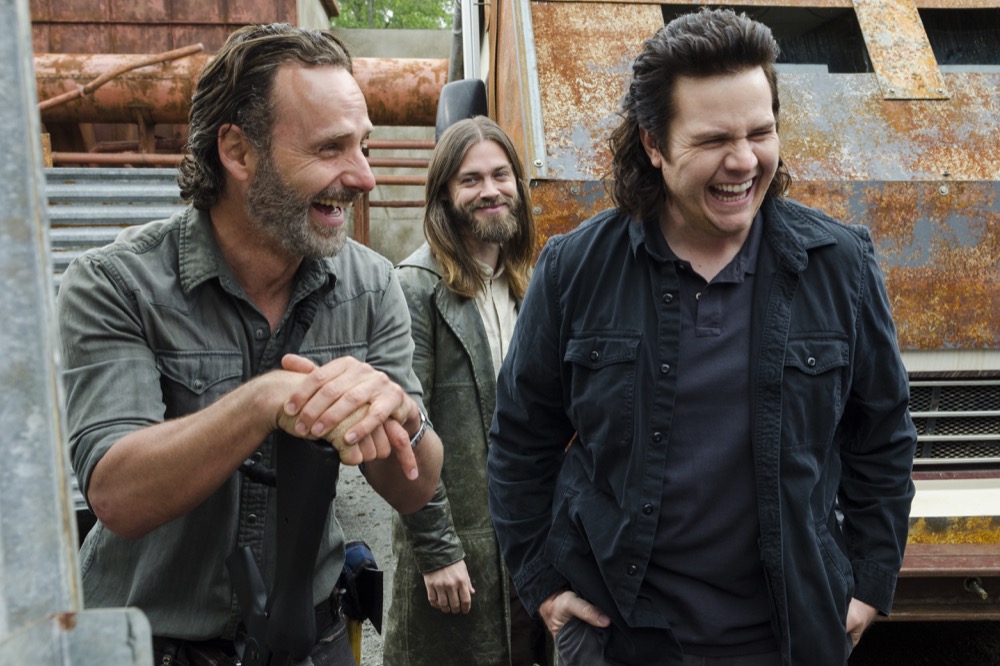 Andrew Lincoln as Rick Grimes, Tom Payne as Paul 'Jesus' Rovia, Josh McDermitt as Dr. Eugene Porter - The Walking Dead _ Season 8, Episode 1 - Photo Credit: Gene Page/AMC