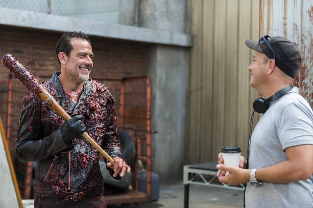 BTS, Jeffrey Dean Morgan as Negan, Director Michael E. Satrazemis - The Walking Dead _ Season 8, Episode 5 - Photo Credit: Gene Page/AMC