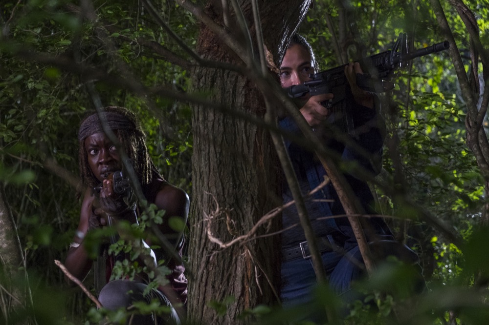 Alanna Masterson as Tara Chambler, Danai Gurira as Michonne - The Walking Dead _ Season 8, Episode 8 - Photo Credit: Gene Page/AMC