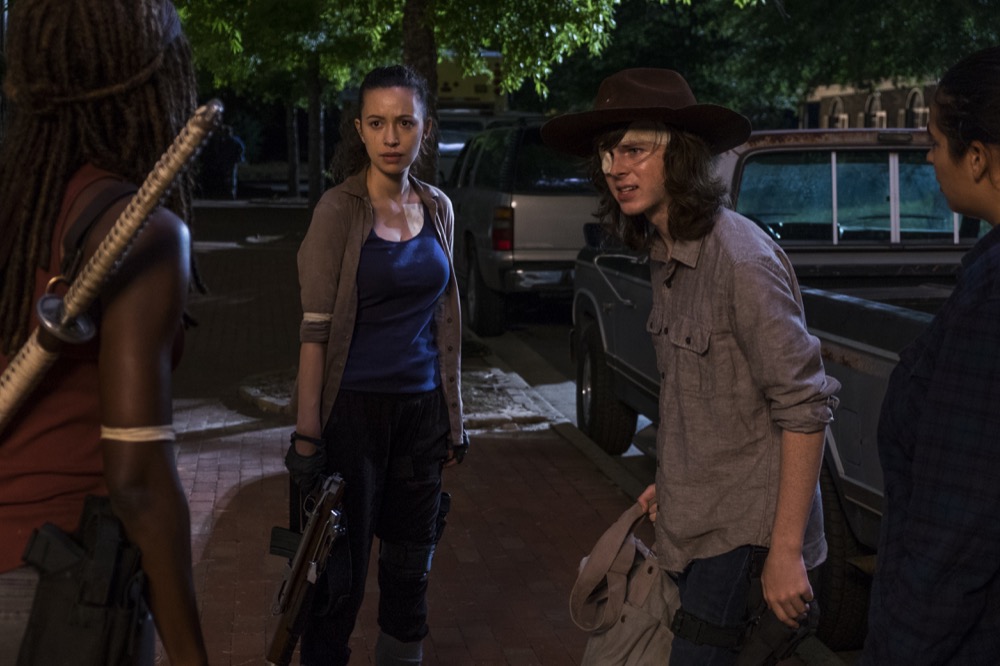 Danai Gurira as Michonne, Christian Serratos as Rosita Espinosa, Alanna Masterson as Tara Chambler, Chandler Riggs as Carl Grimes - The Walking Dead _ Season 8, Episode 8 - Photo Credit: Gene Page/AMC