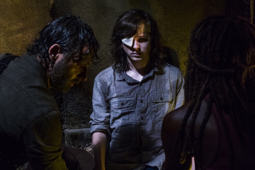 Andrew Lincoln as Rick Grimes, Chandler Riggs as Carl Grimes, Danai Gurira as Michonne - The Walking Dead _ Season 8, Episode 8 - Photo Credit: Gene Page/AMC