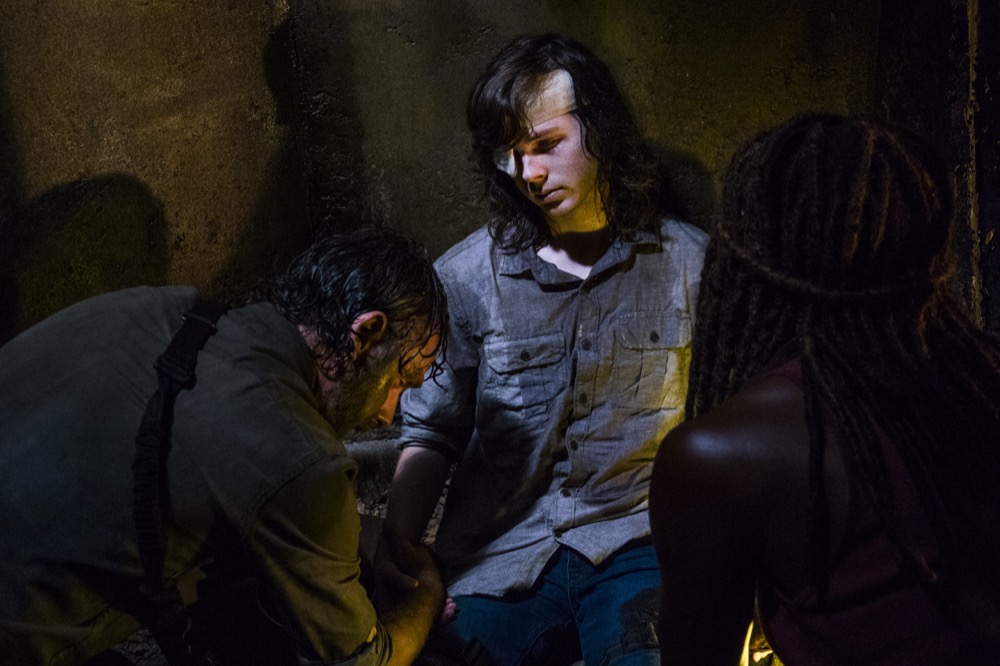 Andrew Lincoln as Rick Grimes, Chandler Riggs as Carl Grimes, Danai Gurira as Michonne - The Walking Dead _ Season 8, Episode 8 - Photo Credit: Gene Page/AMC