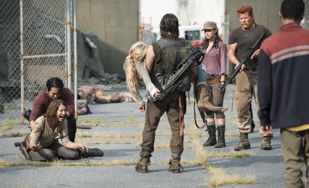 Lauren Cohan as Maggie Greene, Steven Yeun as Glenn Rhee, Norman Reedus as Daryl Dixon, Emily Kinney as Beth Greene, Christian Serratos as Rosita Espinosa,  Michael Cudlitz as Abraham, and Tyler James Williams as Noah - The Walking Dead _ Season 5, Episode 8 - Photo Credit: Gene Page/AMC