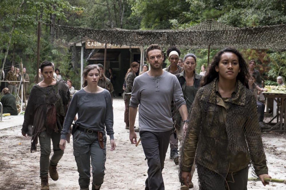 Briana Venskus as Beatrice, Katelyn Nacon as Enid, Ross Marquand as Aaron, Sydney Park as Cyndie - The Walking Dead _ Season 8, Episode 10 - Photo Credit: Gene Page/AMC