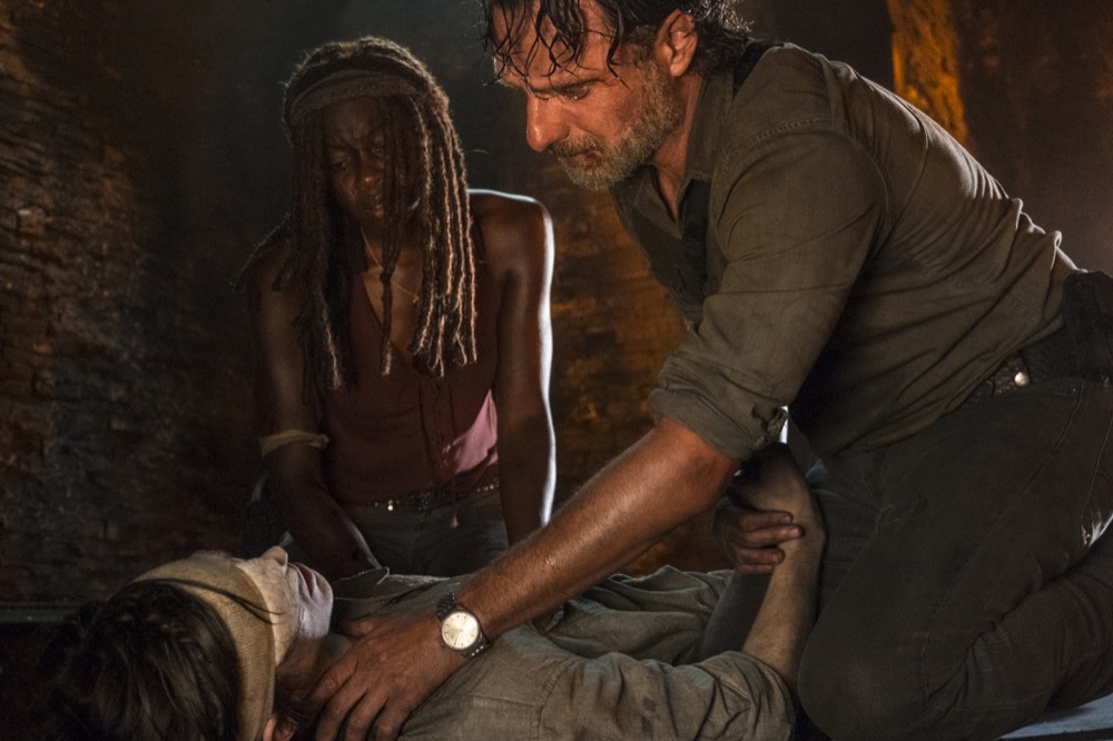 Andrew Lincoln as Rick Grimes, Danai Gurira as Michonne, Chandler Riggs as Carl Grimes - The Walking Dead _ Season 8, Episode 9 - Photo Credit: Gene Page/AMC