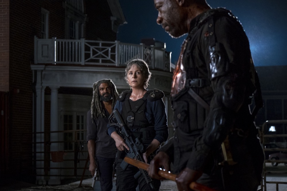 Lennie James as Morgan Jones, Melissa McBride as Carol Peletier, Khary Payton as Ezekiel - The Walking Dead _ Season 8, Episode 9 - Photo Credit: Gene Page/AMC