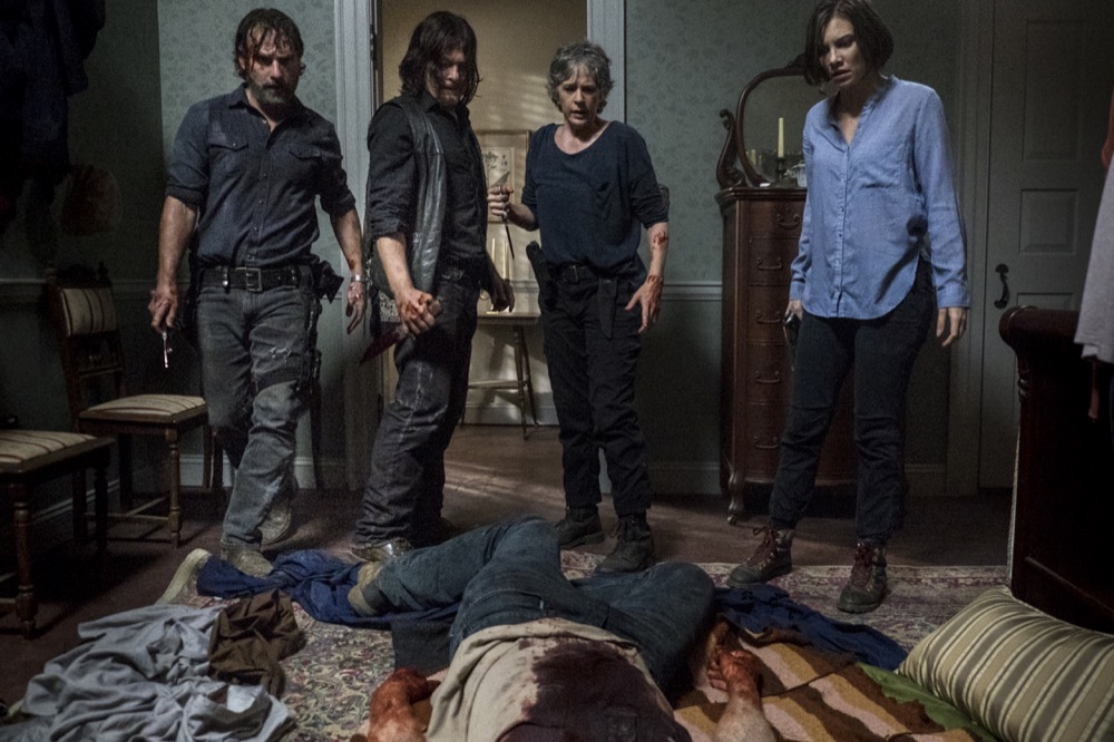 Andrew Lincoln as Rick Grimes, Norman Reedus as Daryl Dixon, Melissa McBride as Carol Peletier, Lauren Cohan as Maggie Greene, Jason Douglas as Tobin - The Walking Dead _ Season 8, Episode 13 - Photo Credit: Gene Page/AMC