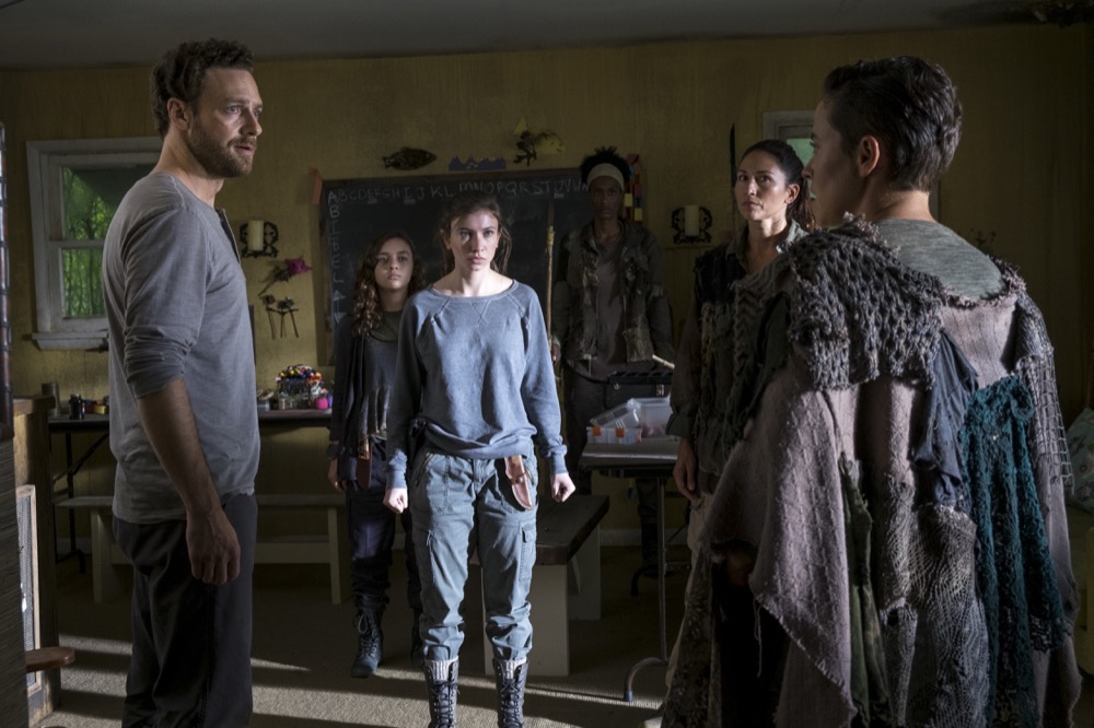 Ross Marquand as Aaron, Katelyn Nacon as Enid, Nicole Barré as Kathy, Briana Venskus as Beatrice - The Walking Dead _ Season 8, Episode 10 - Photo Credit: Gene Page/AMC