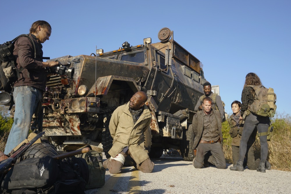 Lennie James as Morgan Jones, Garret Dillahunt as John Dorey, Maggie Grace as Althea, Frank Dillane as Nick Clark, Alycia Debnam-Carey as Alicia Clark, Danay Garcia as Luciana, Colman Domingo as Victor Strand - Fear the Walking Dead _ Season 4, Episode 2 - Photo Credit: Richard Foreman, Jr/AMC