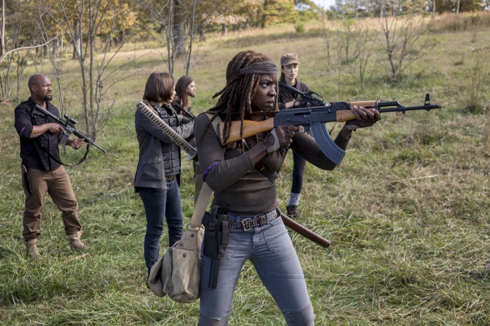 Tom Payne as Paul 'Jesus' Rovia, Lauren Cohan as Maggie Rhee, Christian Serratos as Rosita Espinosa, Danai Gurira as Michonne - The Walking Dead _ Season 8, Episode 16 - Photo Credit: Gene Page/AMC