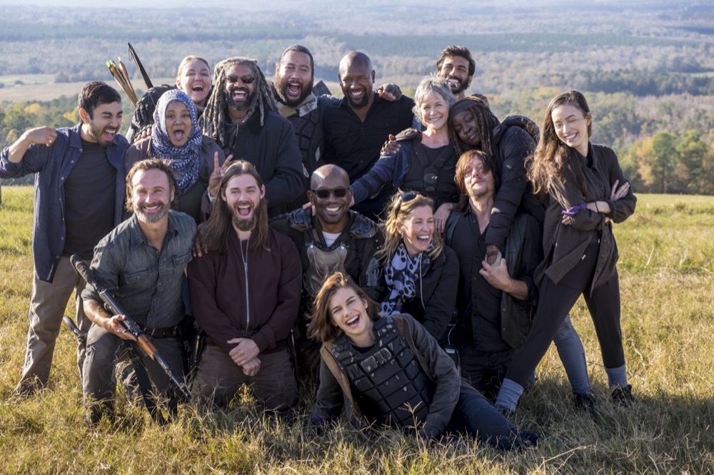 BTS, Andrew Lincoln as Rick Grimes, Tom Payne as Paul 'Jesus' Rovia, Lennie James as Morgan Jones, Norman Reedus as Daryl Dixon, Lauren Cohan as Maggie Rhee, Christian Serratos as Rosita Espinosa, Danai Gurira as Michonne, Melissa McBride as Carol Peletier, Avi Nash as Siddiq, Cooper Andrews as Jerry, Khary Payton as Ezekiel - The Walking Dead _ Season 8, Episode 16 - Photo Credit: Gene Page/AMC