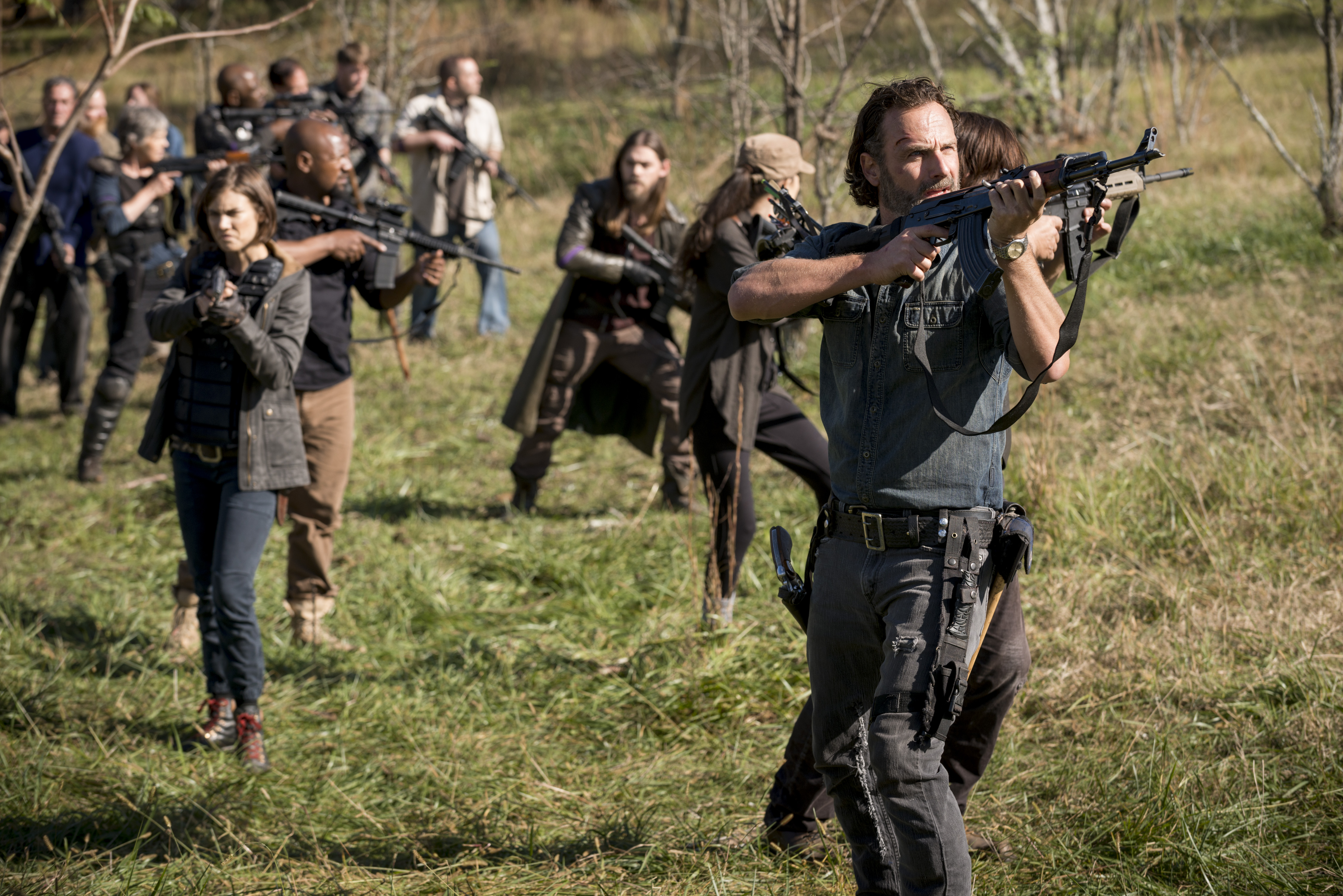 Melissa McBride as Carol Peletier, Lennie James as Morgan Jones, Lauren Cohan as Maggie Rhee, Tom Payne as Paul 'Jesus' Rovia, Christian Serratos as Rosita Espinosa, Norman Reedus as Daryl Dixon, Andrew Lincoln as Rick Grimes - The Walking Dead _ Season 8, Episode 16 - Photo Credit: Gene Page/AMC