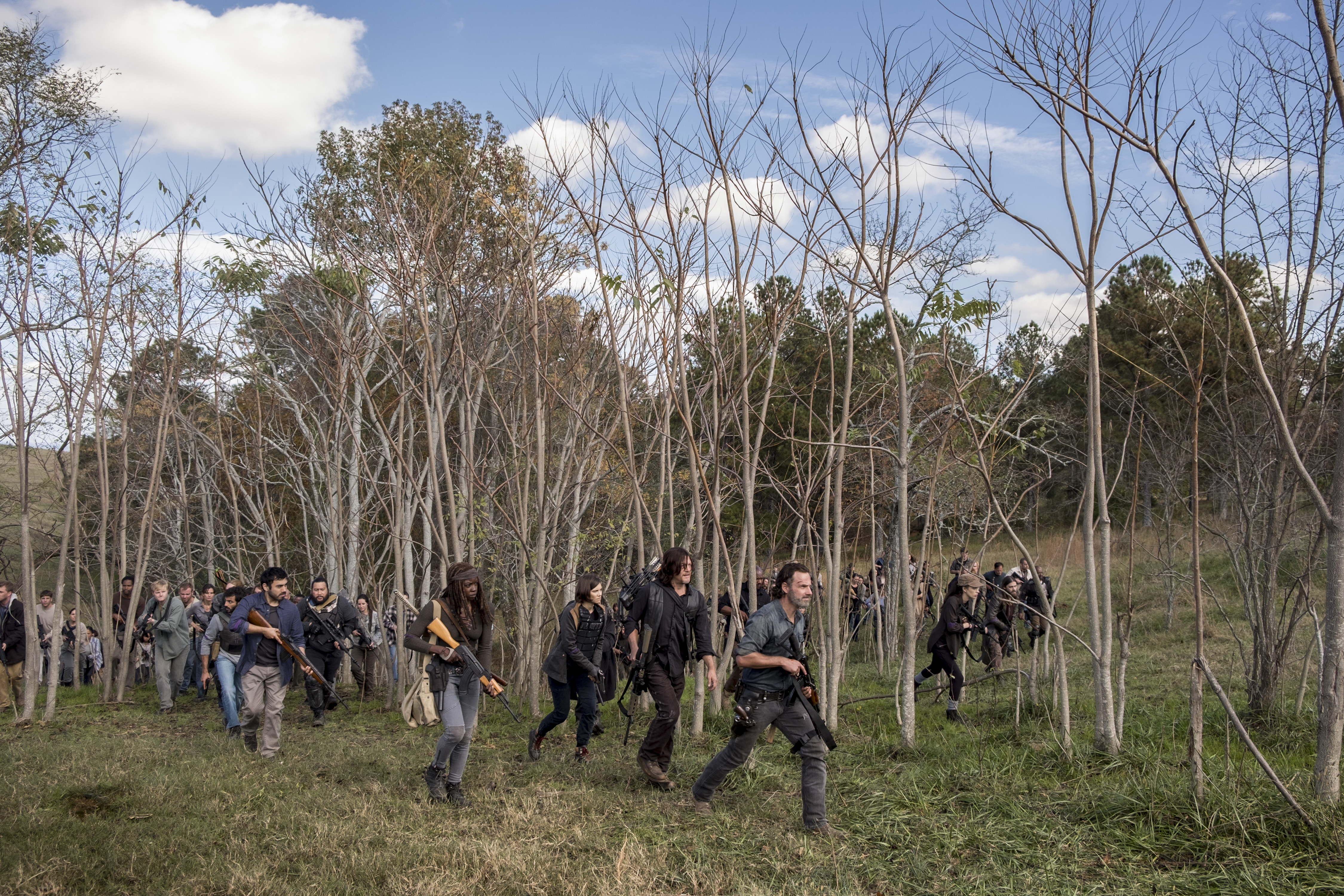 Avi Nash as Siddiq, Cooper Andrews as Jerry, Danai Gurira as Michonne, Lauren Cohan as Maggie Rhee, Norman Reedus as Daryl Dixon, Andrew Lincoln as Rick Grimes, Tom Payne as Paul 'Jesus' Rovia, Christian Serratos as Rosita Espinosa - The Walking Dead _ Season 8, Episode 16 - Photo Credit: Gene Page/AMC