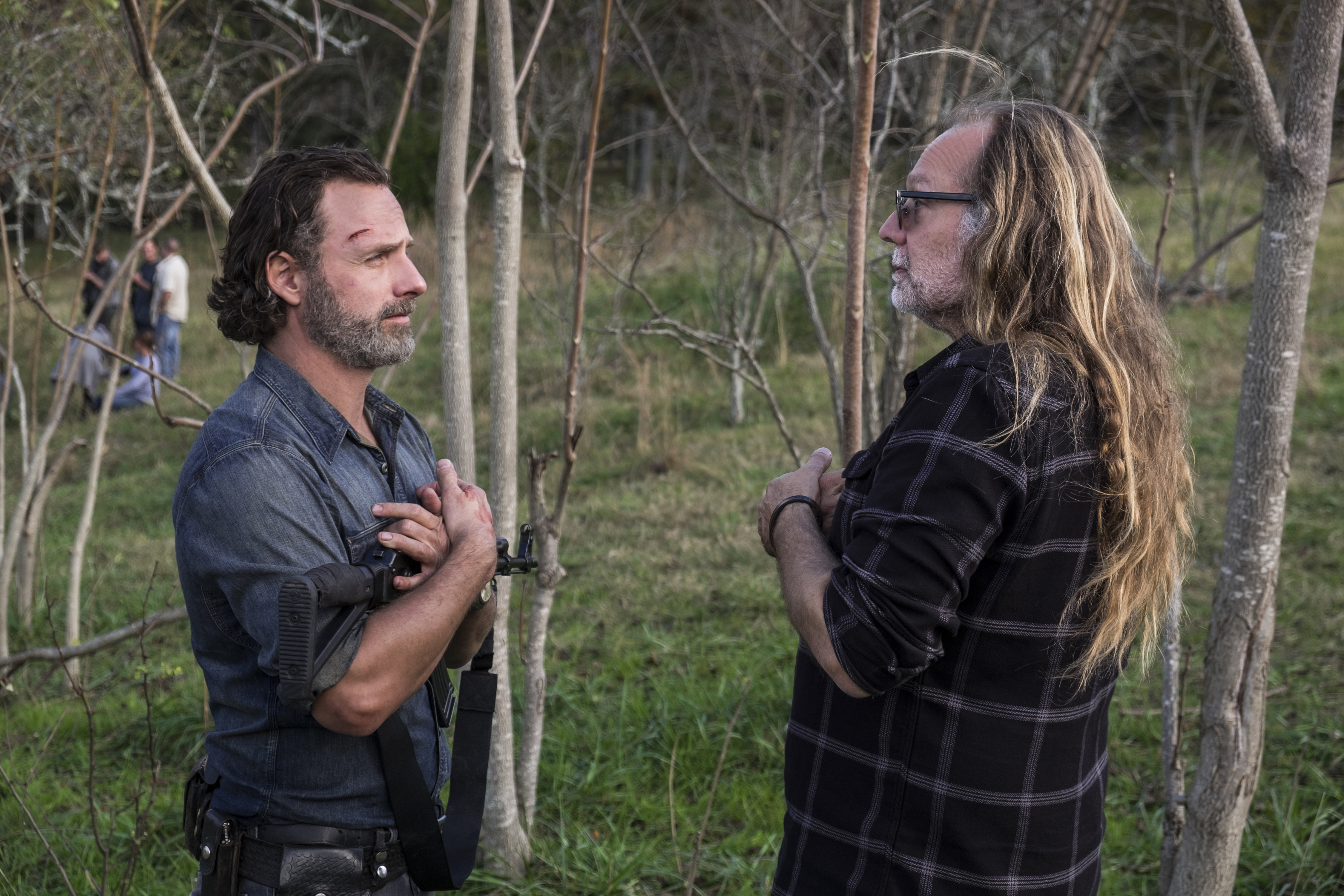 BTS, Andrew Lincoln as Rick Grimes, Executive Producer Greg Nicotero - The Walking Dead _ Season 8, Episode 16 - Photo Credit: Gene Page/AMC