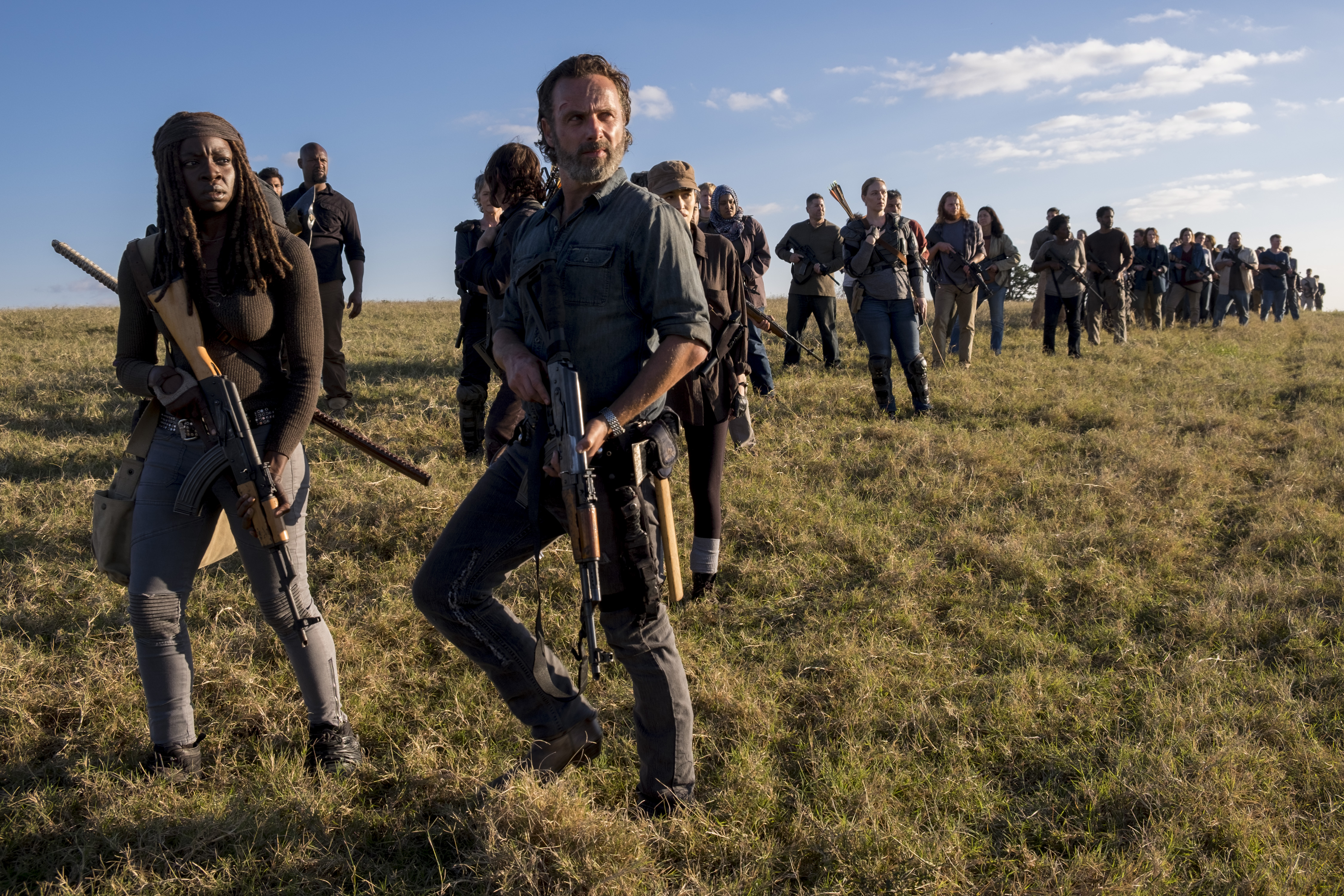 Danai Gurira as Michonne, Andrew Lincoln as Rick Grimes, Christian Serratos as Rosita Espinosa, Norman Reedus as Daryl Dixon, Melissa McBride as Carol Peletier - The Walking Dead _ Season 8, Episode 16 - Photo Credit: Gene Page/AMC