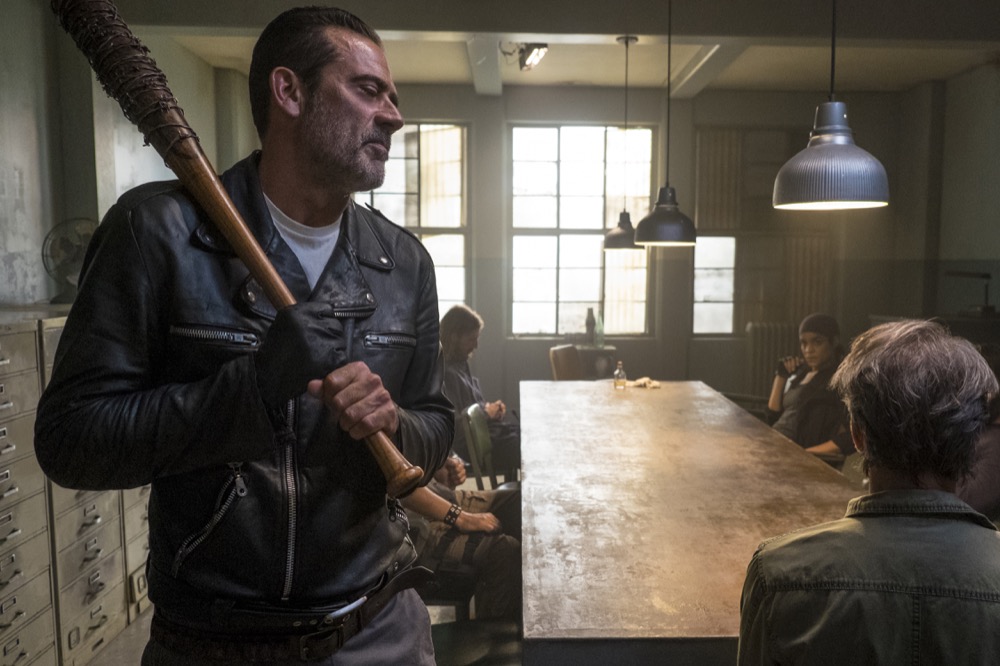 Steven Ogg as Simon, Austin Amelio as Dwight, Elizabeth Ludlow as Arat, Jeffrey Dean Morgan as Negan - The Walking Dead _ Season 8, Episode 15 - Photo Credit: Gene Page/AMC