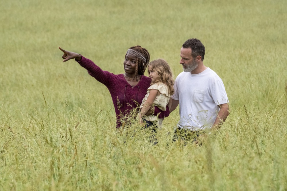 Andrew Lincoln as Rick Grimes, Danai Gurira as Michonne, Chloe Garcia as Judith - The Walking Dead _ Season 9, Episode 1 - Photo Credit: Jackson Lee Davis/AMC