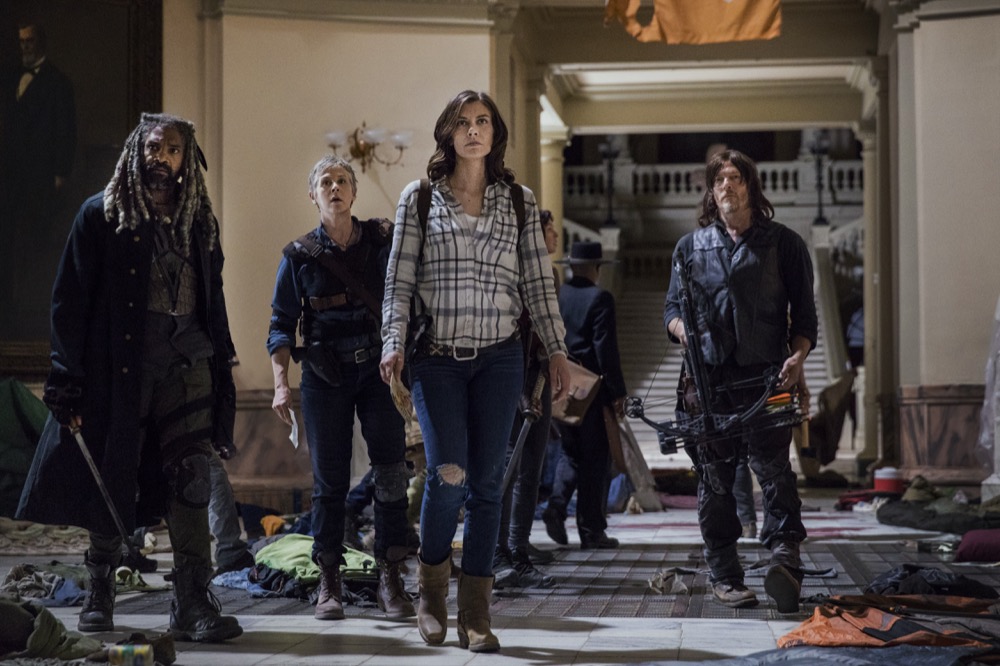 Khary Payton as Ezekiel, Melissa McBride as Carol Peletier, Lauren Cohan as Maggie Rhee, Norman Reedus as Daryl Dixon - The Walking Dead _ Season 9, Episode 1 - Photo Credit: Jackson Lee Davis/AMC