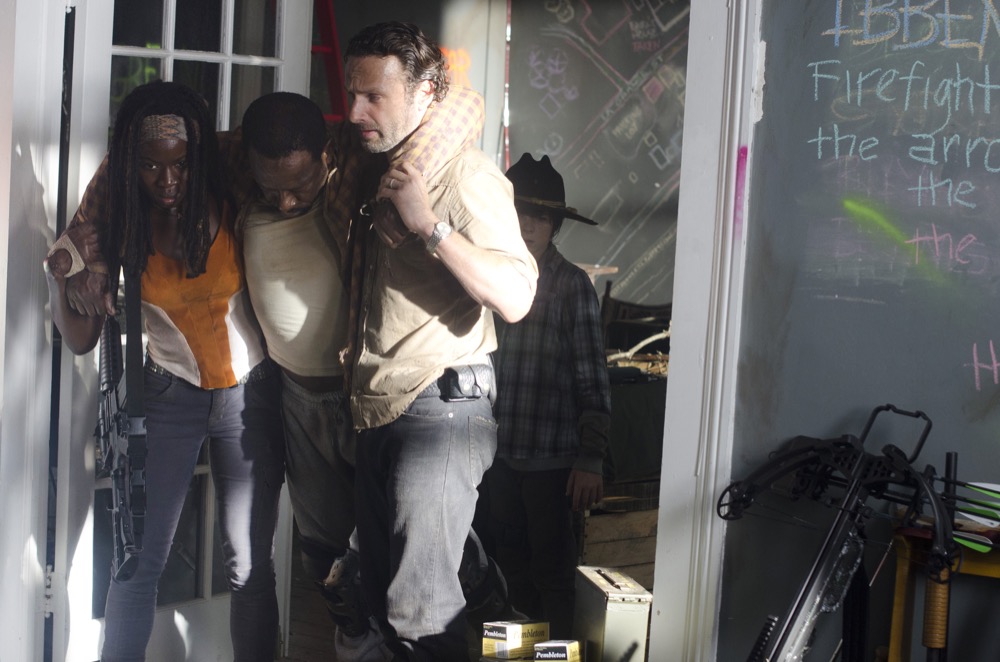 Michonne (Danai Gurira), Morgan (Lennie James), Rick Grimes (Andrew Lincoln) and Carl Grimes (Chandler Riggs) - The Walking Dead_Season 3, Episode 12_"Clear" - Photo Credit: Gene Page/AMC