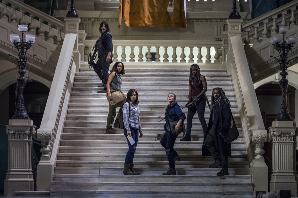 Norman Reedus as Daryl Dixon, Lauren Cohan as Maggie Rhee, Melissa McBride as Carol Peletier, Danai Gurira as Michonne, Khary Payton as Ezekiel, Sydney Park as Cyndie - The Walking Dead _ Season 9, Episode 1 - Photo Credit: Jackson Lee Davis/AMC